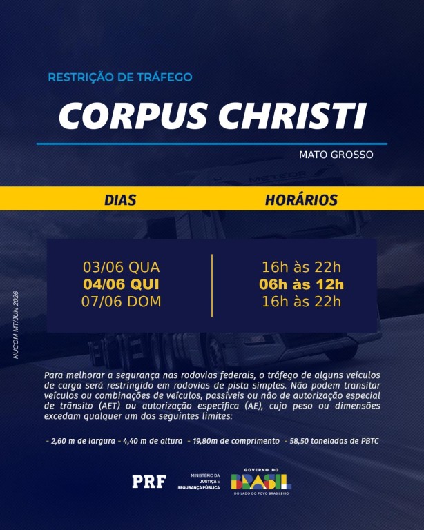 PRF intensifica fiscalização nas rodovias de Mato Grosso durante o feriado de Corpus Christi 2026