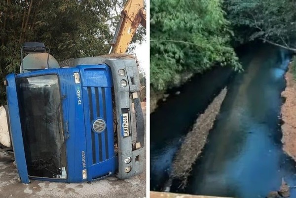 Caminhão tomba em ponte e piche se espalha em rio no interior de Mato Grosso