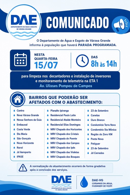 DAE realiza manutenção e modernização da ETA I com interrupção temporária no abastecimento em bairros de Várzea Grande