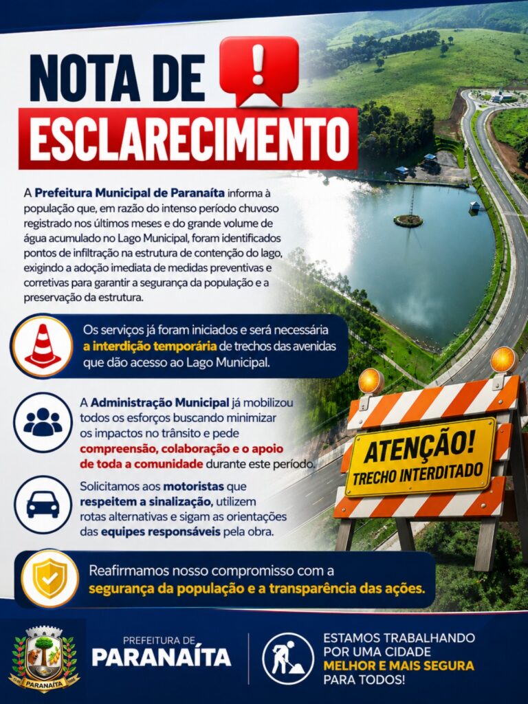 Prefeitura de Paranaíta interdita temporariamente acesso ao Lago Municipal para obras de segurança