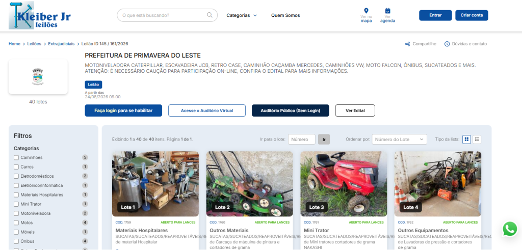 Prefeitura de Primavera do Leste realiza leilão com 40 lotes de veículos, máquinas e sucatas