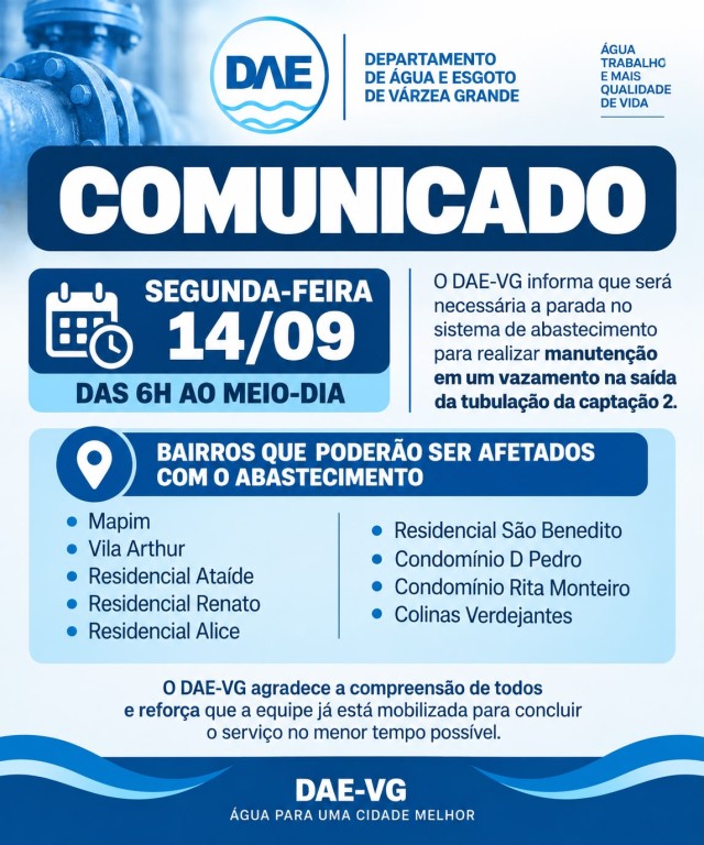 DAE-VG realiza manutenção emergencial na Captação 2 nesta segunda-feira