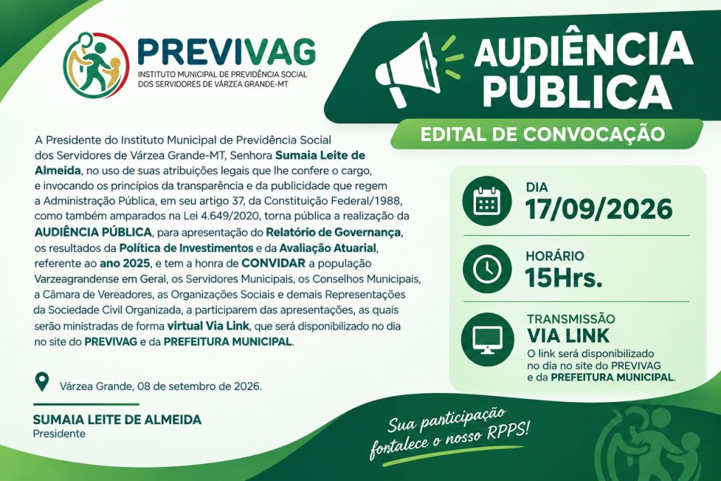 Previvag realiza audiência pública para apresentar resultados da previdência municipal de 2025
